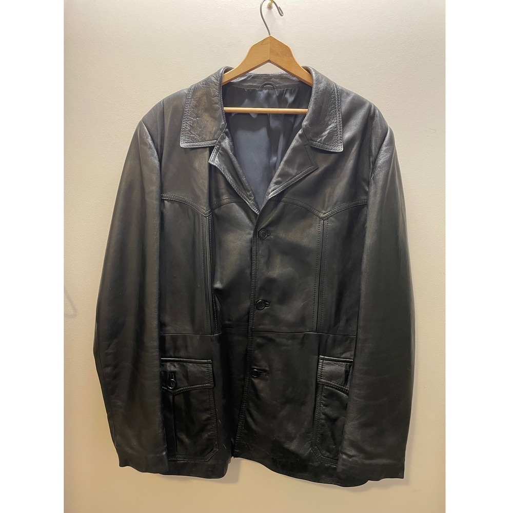 Vintage Echtes Leder Black Leather Car Coat Jacket Mens Size 56 XL
